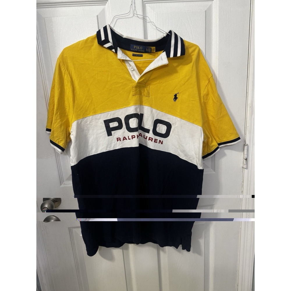 Polo Ralph Lauren Colorblock Rugby Polo Shirt Spell Out Yellow Navy White XL